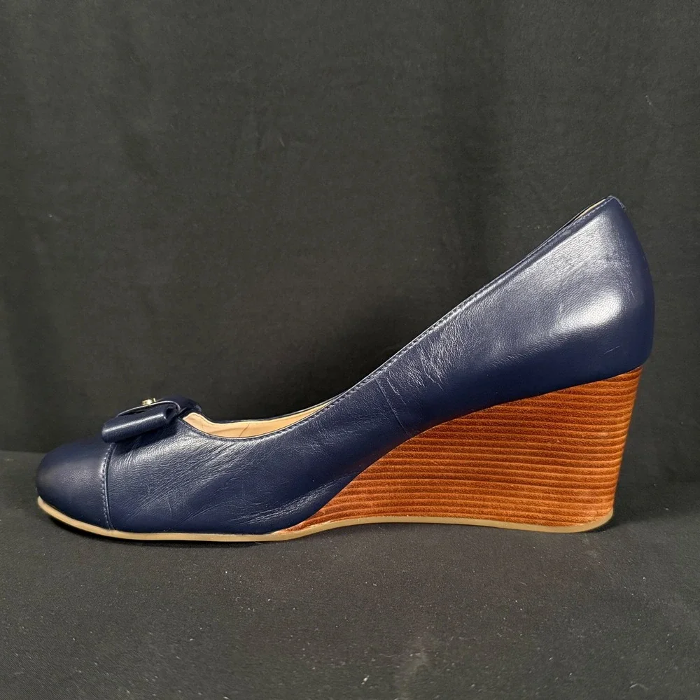 Cole Haan Adair Navy Blue Leather Bow Wedge Pumps Shoes Grand.OS W13162 Women 9B